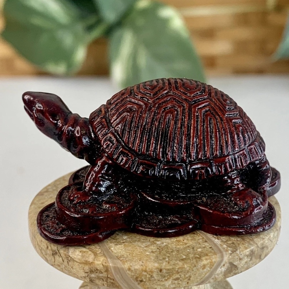 Feng Shui Red Turtle Tortoise Sitting on Chinese Coins Figurine Good Luck 1.9"